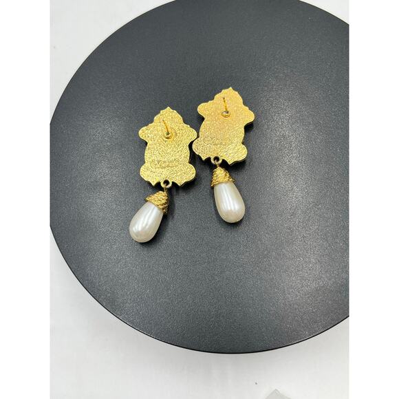 Berebi Designer Vintage Black Enamel Faux Pearl Drop Dangle Statement Earrings - Picture 3 of 7